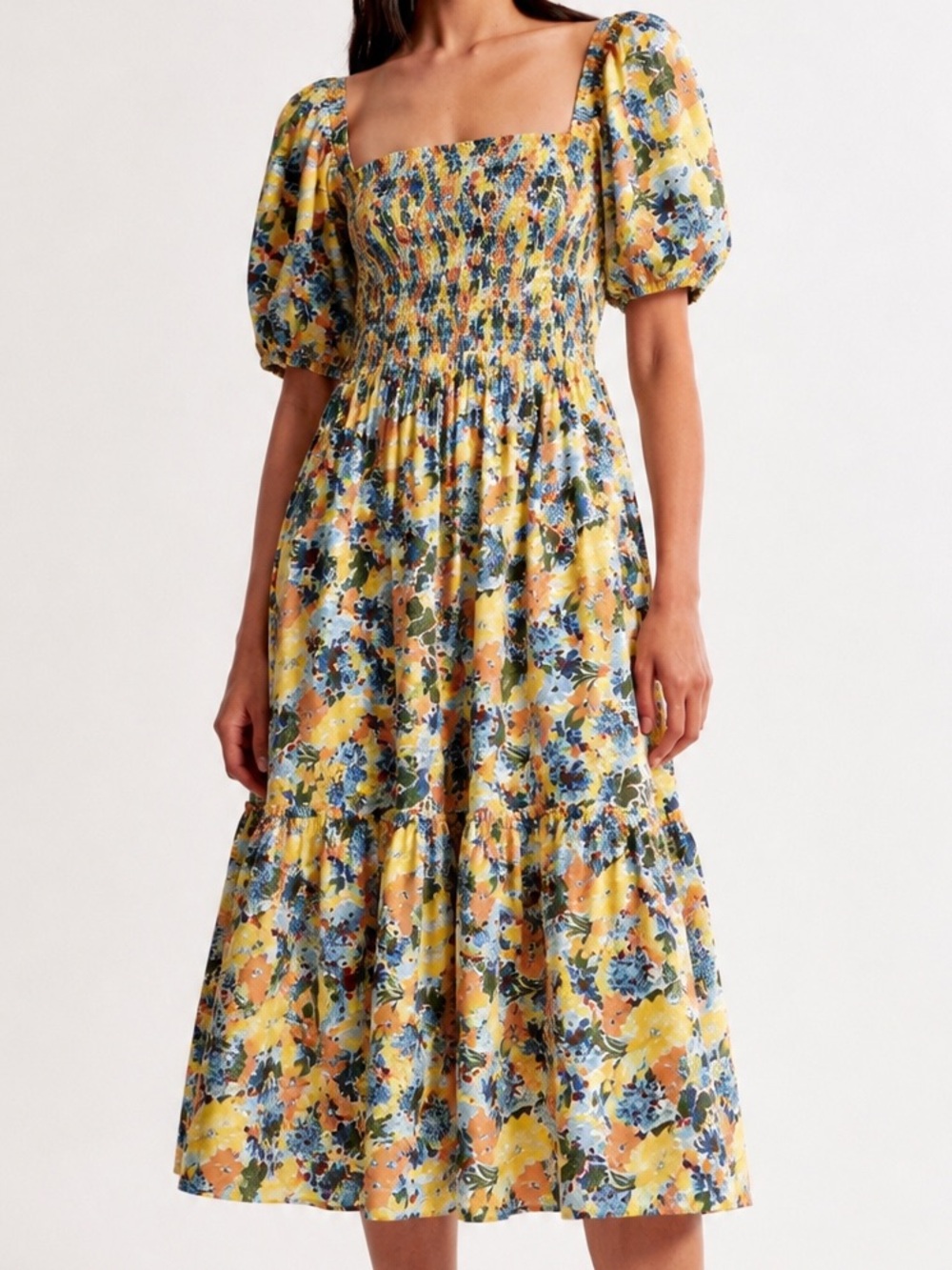 Abercrombie & Fitch Yellow Floral Smocked Puff Sleeve Midi Dress XL